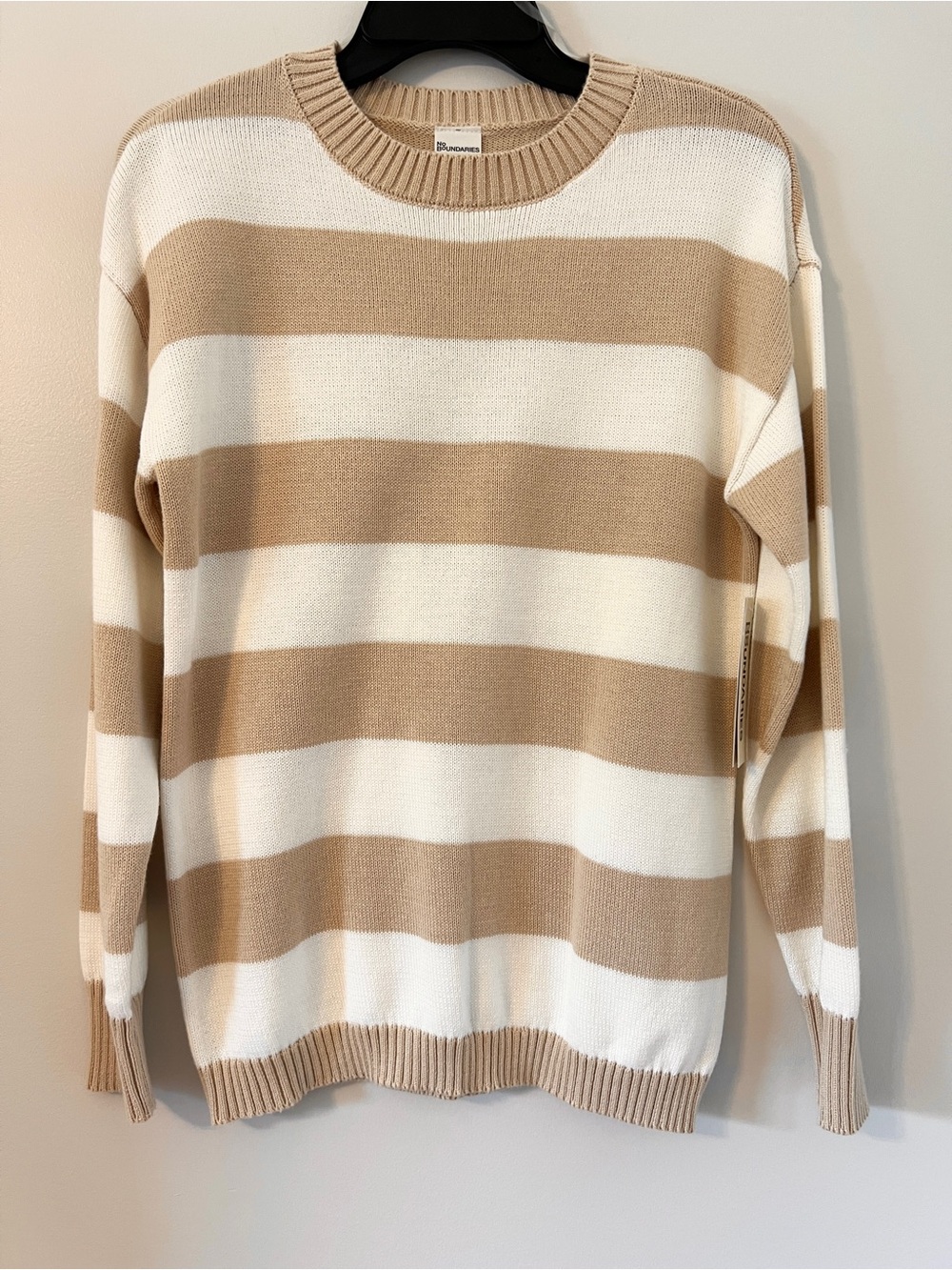 No Boundaries Striped Crewneck Sweater Size XS(0-2) Drop Shoulder Khaki & White